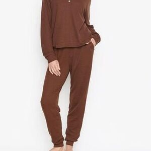 NEW Victoria Secret XS Long Brown Waffle Knit Joggers Pajamas Lounge Sweatpants
